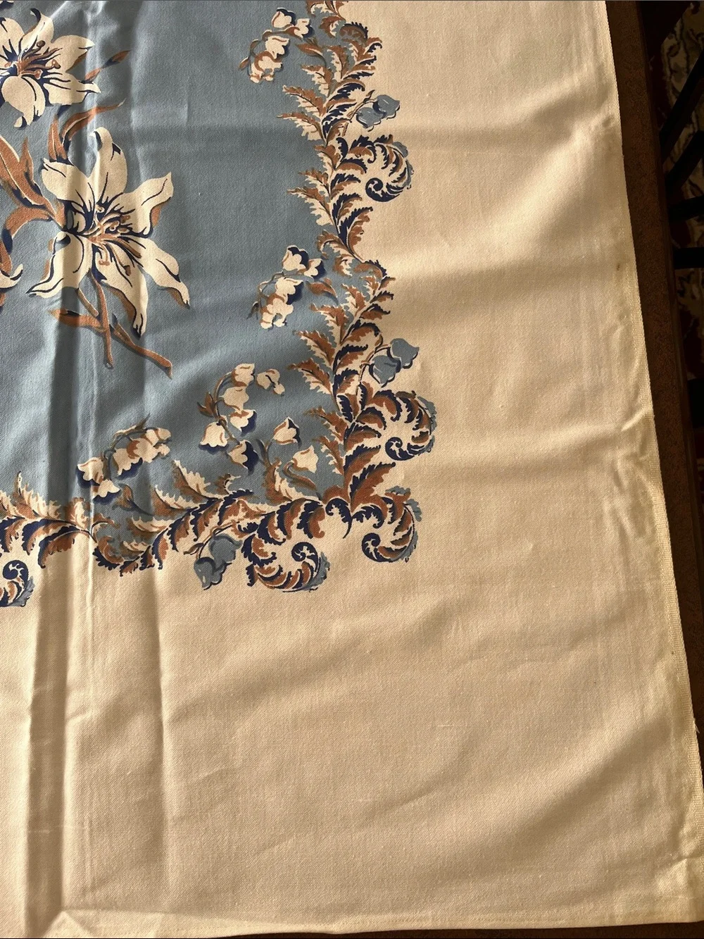 Vintage Blue and Cream Floral Border Tablecloth, approx 59”x79”